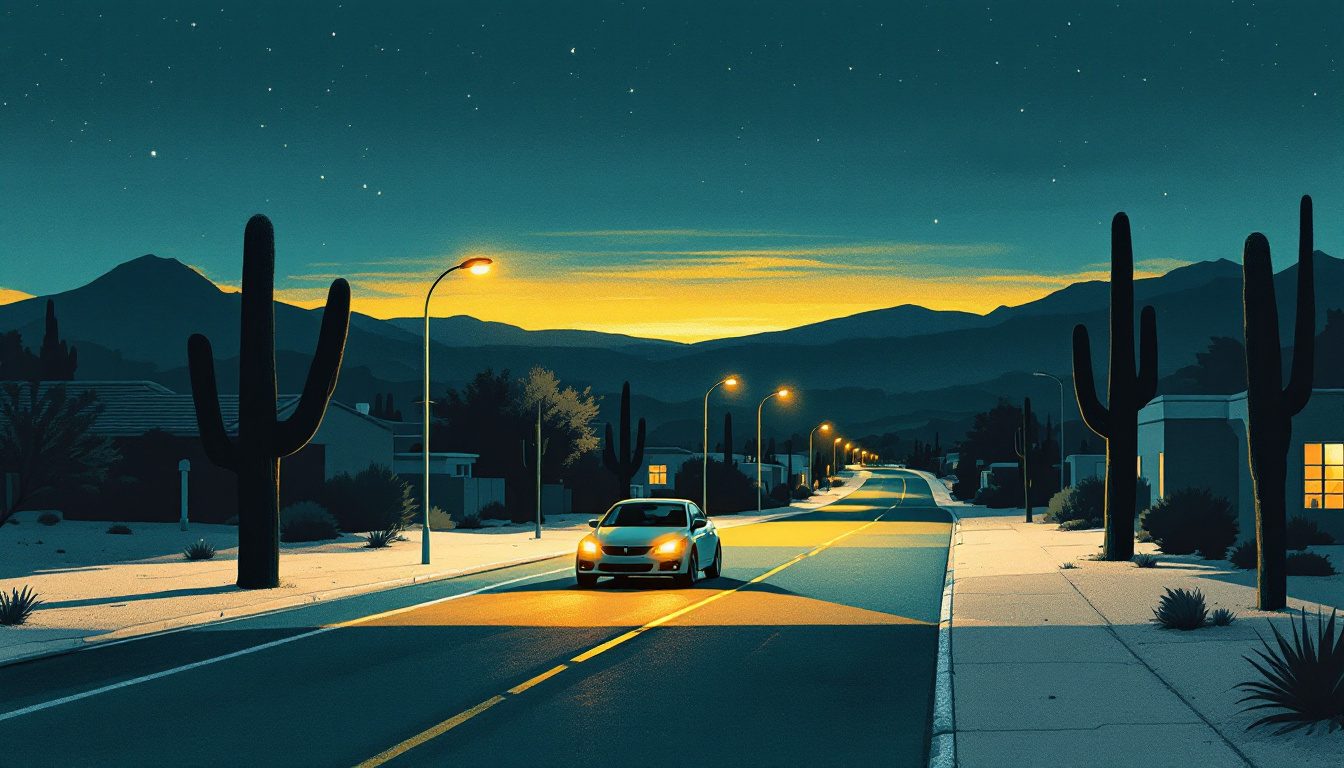 Storybook illustration of a desert street before dawn: one car with warm headlights,
          saguaros in silhouette, a thin band of gold on the horizon under a deep teal sky.