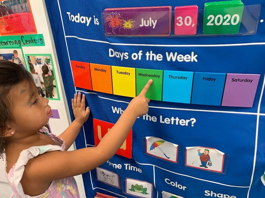 A child pointing at the letter wall