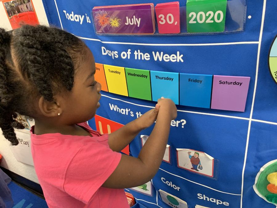 A child at the days-of-the-week board